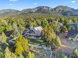 Drone / aerial view with a mountain view and a view of trees
