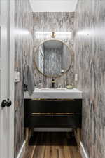 Bathroom featuring wood finished floors and vanity