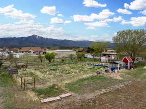 View of yard with exterior structure, a mountain view, fence, and an outbuilding