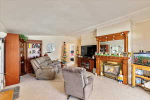 Living room featuring a fireplace with flush hearth, ornamental molding, and lofted ceiling