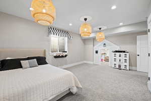 Bedroom with recessed lighting, carpet flooring, and baseboards