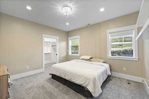 Bedroom featuring baseboards, multiple windows, visible vents, and carpet
