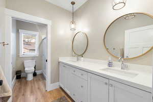 Full bathroom with wood finished floors, toilet, baseboards, and a sink