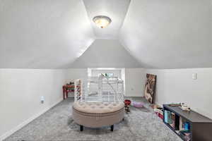 Recreation room with lofted ceiling, carpet, baseboards, and a textured ceiling