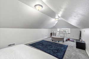 Carpeted bedroom featuring baseboards, vaulted ceiling, visible vents, and a textured ceiling