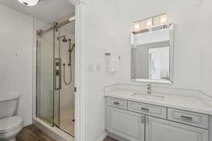 Full bathroom featuring toilet, baseboards, wood finished floors, a shower stall, and vanity