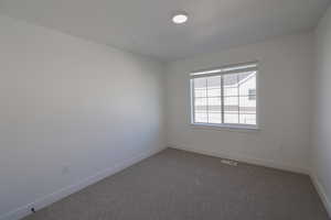 Spare room featuring visible vents, baseboards, and carpet floors