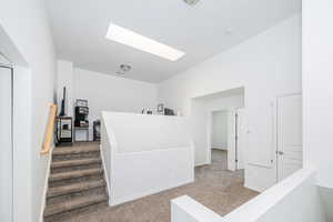 Stairs to third level featuring a skylight above and below, baseboards, and carpet floors