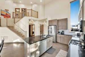 Kitchen with stainless steel appliances, a high ceiling, a sink, and dark countertops