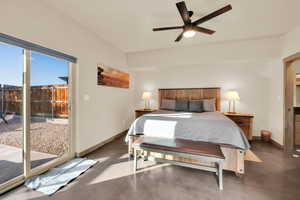 Primary Bedroom featuring ceiling fan, baseboards, access to outside, and concrete flooring