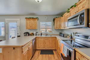 Kitchen featuring a peninsula, light brown cabinets, stainless steel appliances, and a sink
