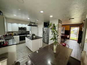 Kitchen featuring dark countertops, a textured ceiling, stainless steel appliances, and a sink