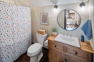 Full bathroom featuring wood finished floors, toilet, vanity, and a shower with shower curtain