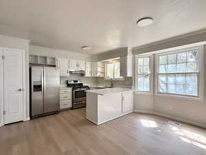 Kitchen with open shelves, under cabinet range hood, a sink, and appliances with stainless steel finishes