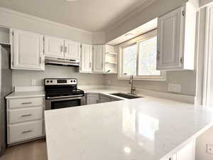 Kitchen with under cabinet range hood, open shelves, a sink, stainless steel electric range oven, and white cabinetry