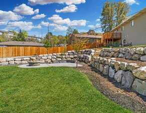 Amazing terraced  yard with paver patio, full fencing and boulder retaining walls.