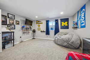 Living area with baseboards, carpet floors, and recessed lighting