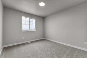 Empty room featuring visible vents, carpet flooring, and baseboards