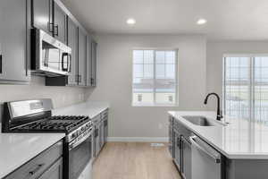 Kitchen featuring light wood finished floors, a sink, recessed lighting, gray cabinets, and appliances with stainless steel finishes