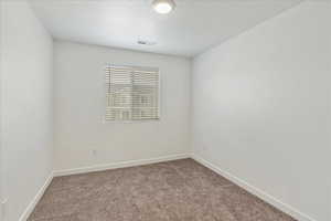 Unfurnished room with carpet, visible vents, and baseboards