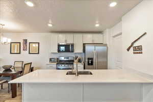 Kitchen with light wood-type flooring, light countertops, a sink, and appliances with stainless steel finishes