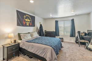 Bedroom featuring a textured ceiling, baseboards, recessed lighting, visible vents, and carpet
