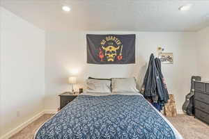 Bedroom featuring a textured ceiling, baseboards, carpet, and recessed lighting