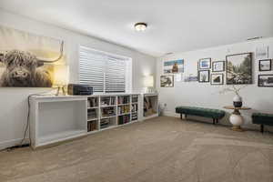 Living area featuring carpet floors, a textured ceiling, baseboards, and visible vents