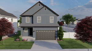 View of front of home with board and batten siding, fence, a garage, and concrete driveway