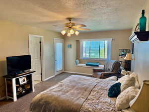 Bedroom featuring a ceiling fan, baseboards, carpet floors, and a textured ceiling