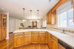 Kitchen featuring stainless steel dishwasher, a sink, decorative light fixtures, a peninsula, and visible vents