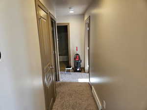 Hallway with carpet, visible vents, and baseboards
