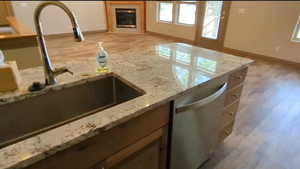 Kitchen with dishwasher, a sink, light stone countertops, light wood finished floors, and a glass covered fireplace