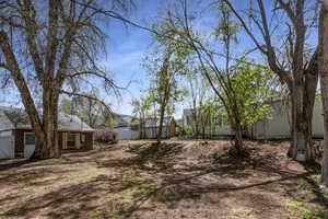 View of yard with garage unit, shed, shop, and fence.