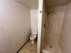 Full bathroom featuring tile patterned flooring, a shower stall, and toilet