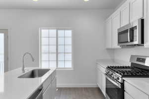 Kitchen featuring appliances with stainless steel finishes, a sink, light wood finished floors, and light countertops