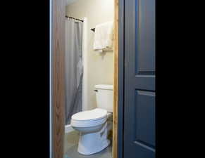 Full bath with curtained shower and toilet