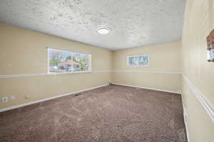 Unfurnished room featuring carpet floors, plenty of natural light, baseboards, and a textured ceiling