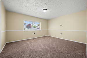 Carpeted spare room with baseboards and a textured ceiling