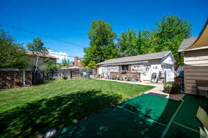 Back of house with a yard and a fenced backyard