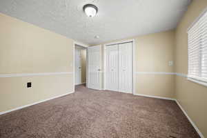 Unfurnished bedroom featuring carpet floors, a textured ceiling, baseboards, and a closet