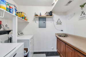Laundry area with electric panel, washing machine and clothes dryer, laundry area, and visible vents