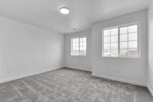 Empty room featuring visible vents, baseboards, and carpet floors