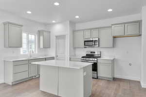 Kitchen featuring stainless steel appliances, light wood-style flooring, a sink, gray cabinets, and a kitchen island