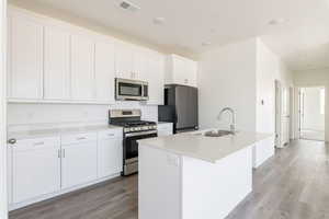 Kitchen featuring visible vents, a sink, light wood-type flooring, a kitchen island with sink, and appliances with stainless steel finishes