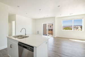 Kitchen with baseboards, dishwasher, wood finished floors, and a sink