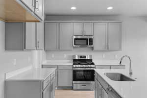 Kitchen with appliances with stainless steel finishes, gray cabinetry, a sink, and light countertops
