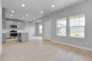 Kitchen featuring stainless steel appliances, visible vents, gray cabinets, baseboards, and open floor plan