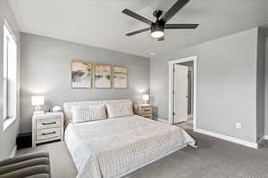 Carpeted bedroom featuring visible vents, a ceiling fan, and baseboards