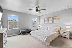Bedroom featuring baseboards, visible vents, carpet, and a textured ceiling